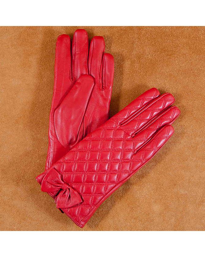 Găng tay da nữ họa tiết kẻ ô đính nơ màu đỏ GT600-01-DO