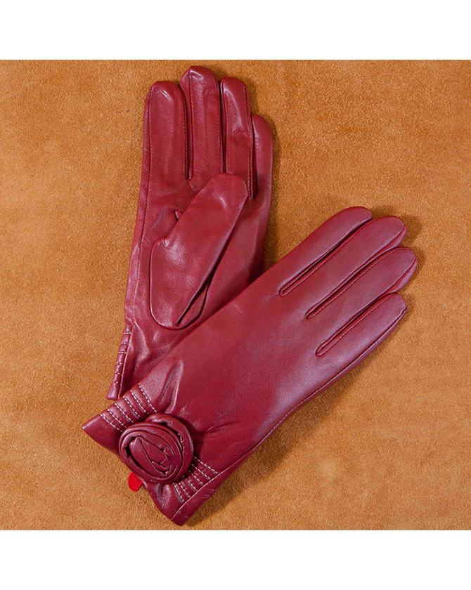 Găng tay da nữ đính hoa màu đỏ đô GT600-06-DO
