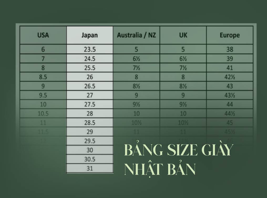 bảng size giày nhật bản