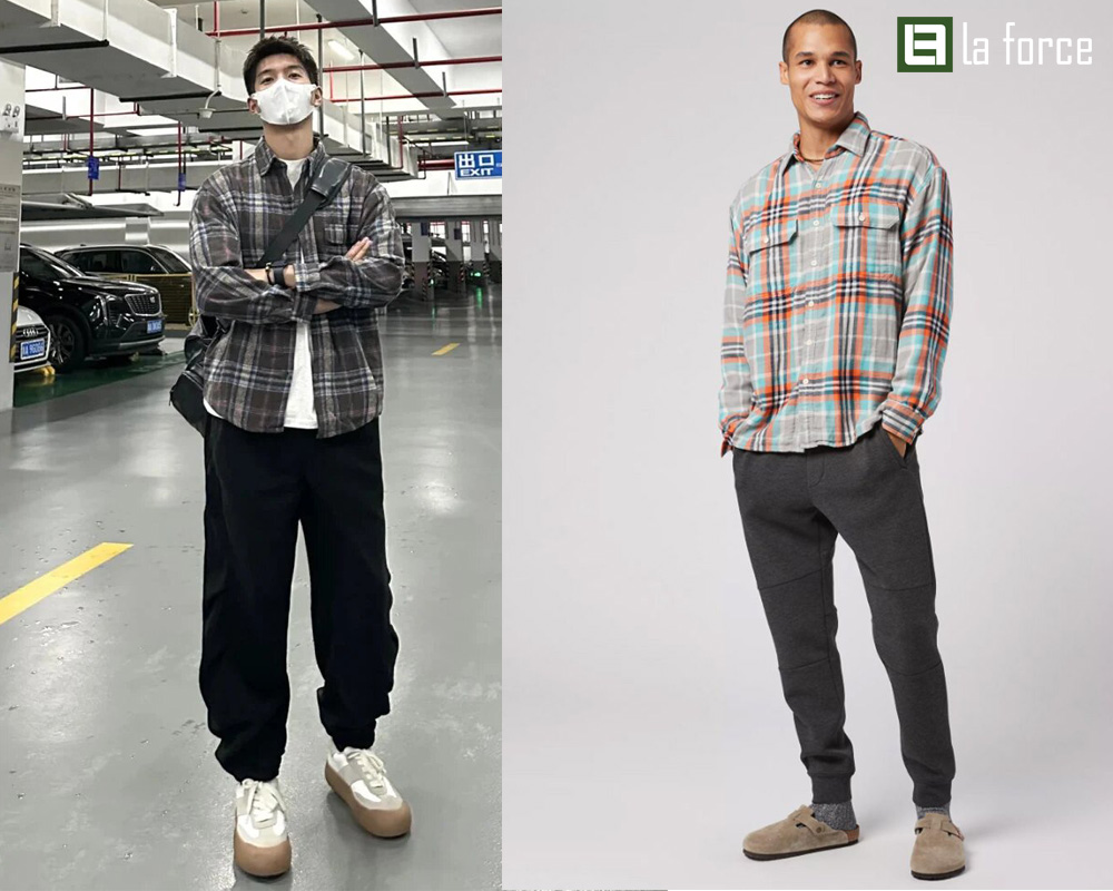 Sơ mi họa tiết mix quần jogger, giày sneaker đế cao 